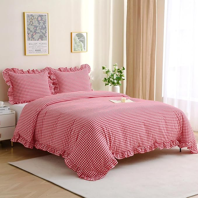 Silnuo Red/White Checkered Ruffle 3-Piece Duvet Cover Set Full Size, Washed - Image 8