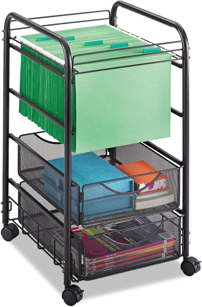 Safco 5215BL Onyx Mesh Open File Cart with 2 Storage Drawers, Black