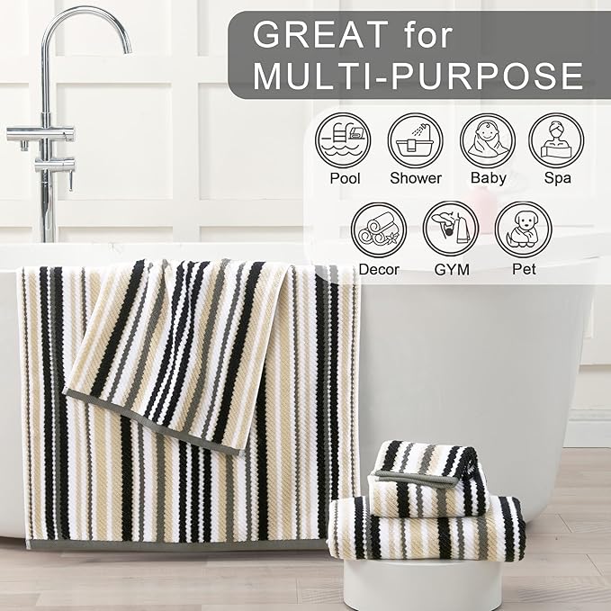 VOOVA & MOVAS Quick Dry Soft Absorbent Black Striped Towel Set - Image 4