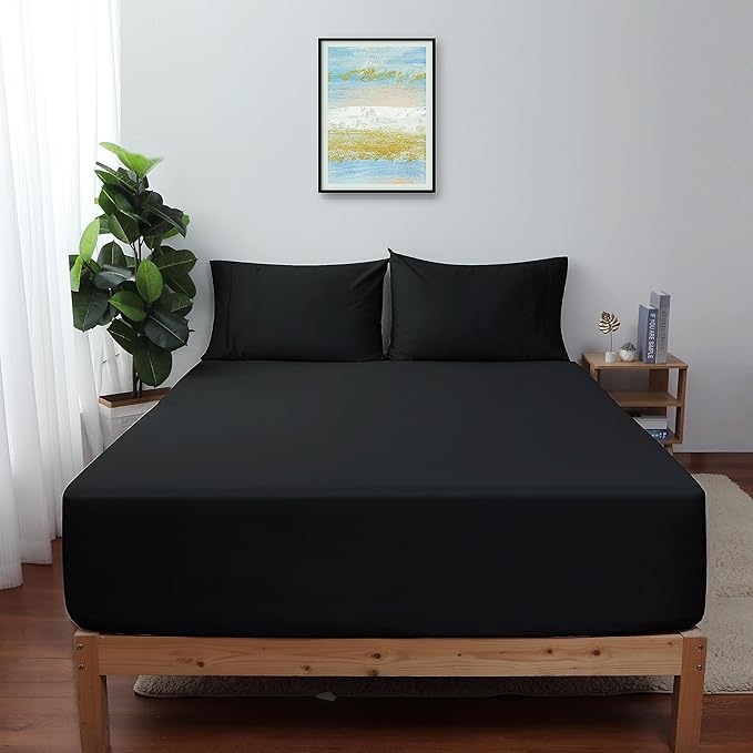 California King Size Fitted Sheet Only Black, 100% Egyptian Cotton 600 Thread by ShunjieHome