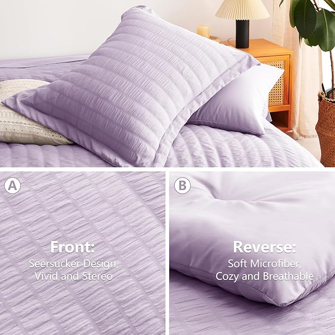 CozyLux Queen Comforter Set Light Purple Seersucker 7 Pieces Bed in a Bag Queen - Image 5