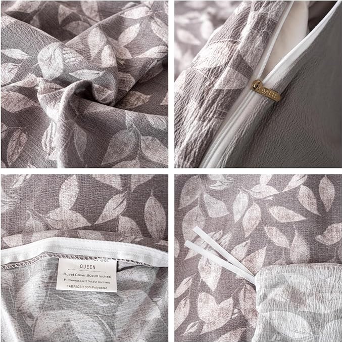 OAITE Grey Fallen Leaves Queen Size Duvet Cover-3 Pieces Prewashed Cotton-Like - Image 4
