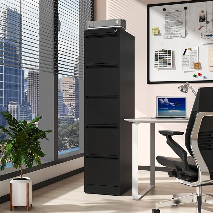 Reegangfa 5 Drawer File Cabinet with Lock, 18" D Metal Vertical File Cabinets, Steel File Storage Cabinets for Home Office, Hanging A4 Legal/Letter Size Narrow Filing Cabinet, Assembly Required
