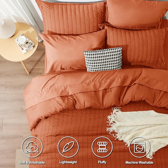 CozyLux Queen Comforter Set Burnt Orange Seersucker 7 Pieces Bed in a Bag Queen - Image 2