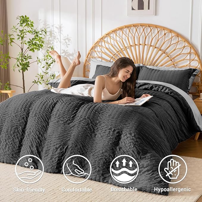 HYMOKEGE Dark Grey/Light Grey Duvet Cover King Size, Ultra Soft 3-Piece - Image 2