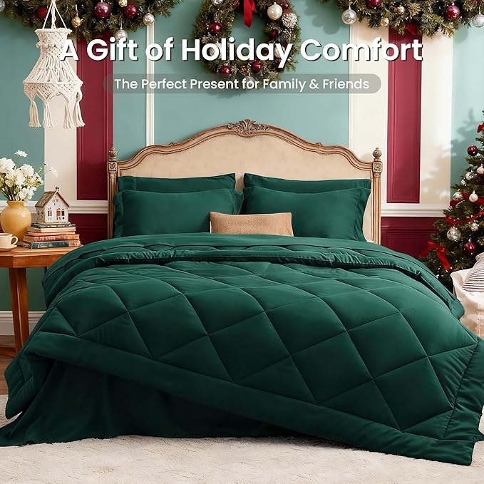 Love's cabin Queen Comforter Set Dark Green, 7 Pieces Queen Bed in a Bag - Image 2