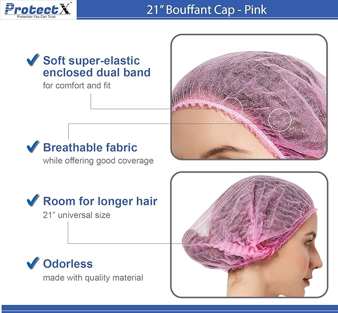 ProtectX 100-Pack Pink Disposable Hair Nets, Elastic Head Cover, Bouffant Caps - Image 4