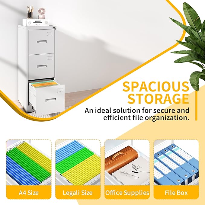 Reegangfa 3-Drawer File Cabinet with Lock, Metal Vertical Filing Cabinets for Home Office, Lockable Narrow Heavy-duty Steel Storage Cabinet with Tag,Hanging Letter/Legal/A4Size,Assemble Required,White