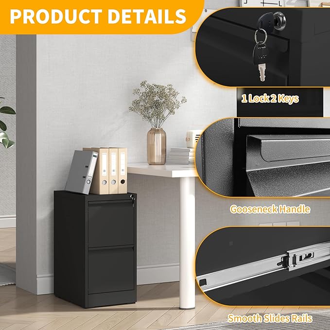 Reegangfa 2 Drawer File Cabinet with Lock, 18" D Metal Vertical Filing Cabinets, Steel File Storage Cabinets for Home Office, Hanging A4 Legal/Letter Size Narrow File Cabinet, Assembly Required