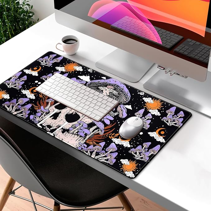 Black Mouse Pad Mushroom Desk Pad Skull Skeleton Purple Pc Laptop Office Keyboard Mouse Pads, Large Gaming Setup Office Extra Large Deskmat Laptop Mousepad 31.5x15.8 in-with Stitched Eges