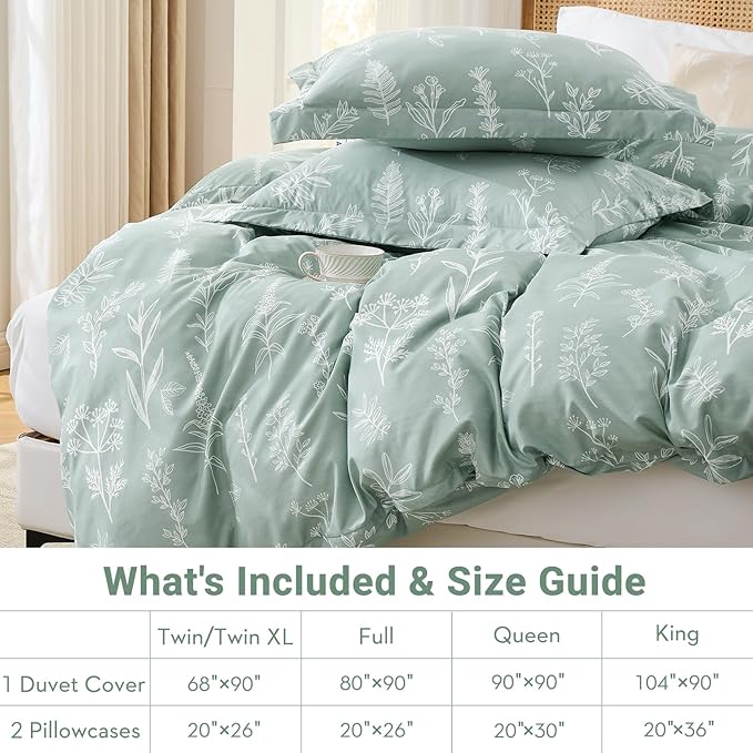 MUXHOMO Duvet Cover Queen Size, Reversible Floral Green Duvet Cover Set - Image 6