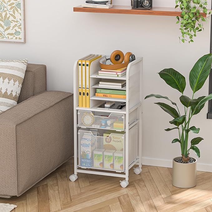 Feyejade Rolling File Cart with 2 Drawers, White File Cabinet Organizer for Hanging File Folders, Letter-Size File Storage with Wheels, Multi-Layer Mobile Filing Cabinet for Office and Home, White