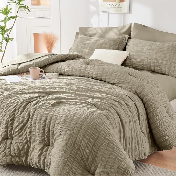 HYMOKEGE Linen California King Comforter Set Seersucker 7 Pieces, All Season by HYMOKEGE
