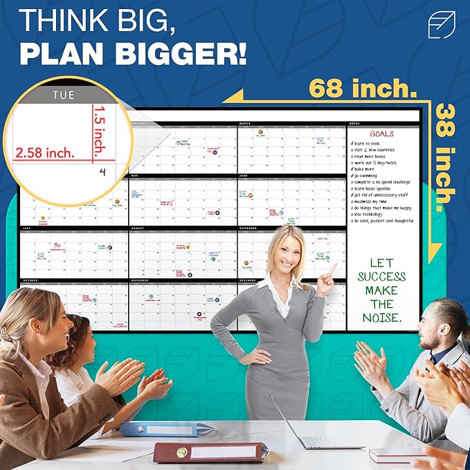 Large Dry Erase Calendar for Wall, 38" x 68" - Undated, Yearly, Reusable - Full 12 Month Year - Includes Markers, Eraser & Accessories