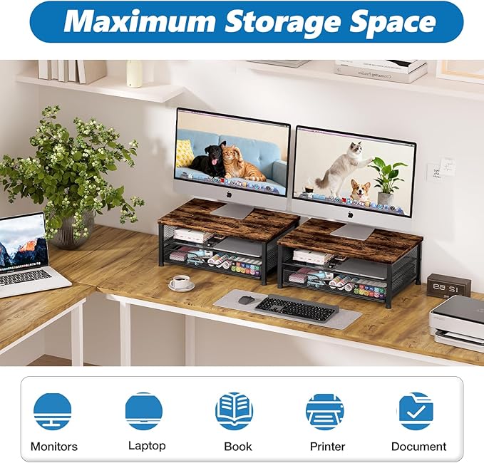 OPNICE Wood Computer Monitor Stand Riser, Desk Organizer with Drawer, Laptop Stand, Office Desk Accessories & Workspace Desktop Organizers Storage for Office Supplies(Brown)