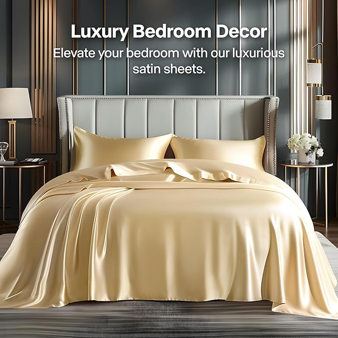 BEDELITE Satin Sheets Full Size Bed Set, Luxury Soft Champagne Silky Sheets - Image 2