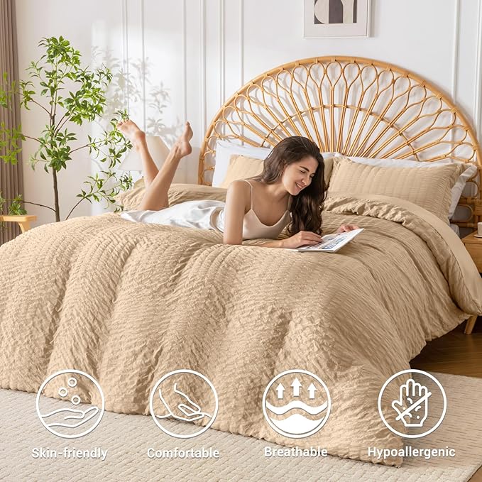 HYMOKEGE Khaki Duvet Cover Queen Size, Ultra Soft 3-Piece Seersucker Duvet - Image 2