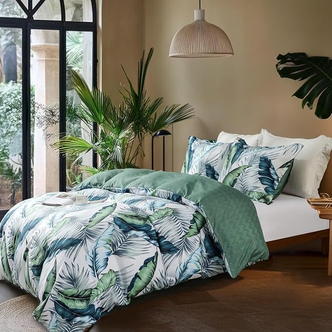 OAITE Duvet Cover King Size, Reversible Summer Leaf Green Duvet Cover Set - Image 3