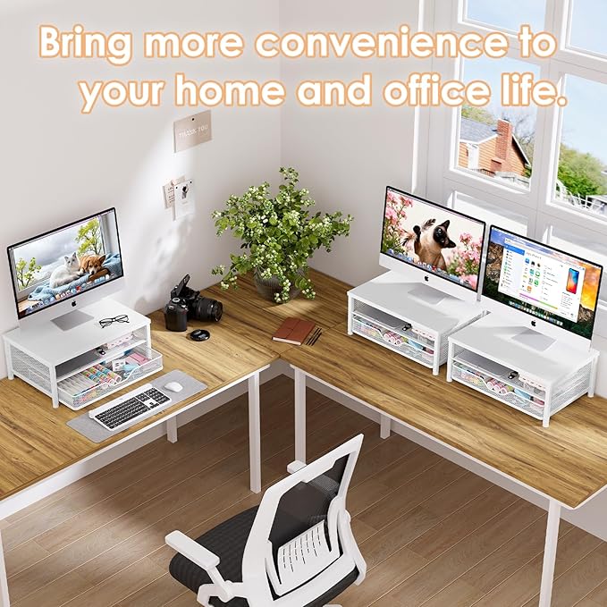 OPNICE Computer Monitor Stand Riser, Desk Organizer with Drawer, Laptop Stand, Office Desk Accessories & Workspace Desktop Organizers Storage for Office Supplies(White)