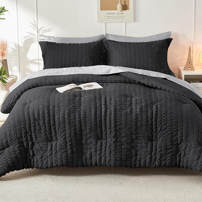 HYMOKEGE Black/Light Grey Twin Comforter Set Seersucker 5 Pieces, All Season - Image 7