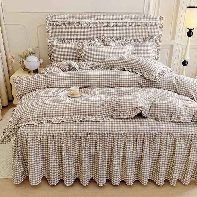mixinni Tan Gingham Ruffle Duvet Cover King Size 3 Pieces – 100% Washed Cotton - Image 3