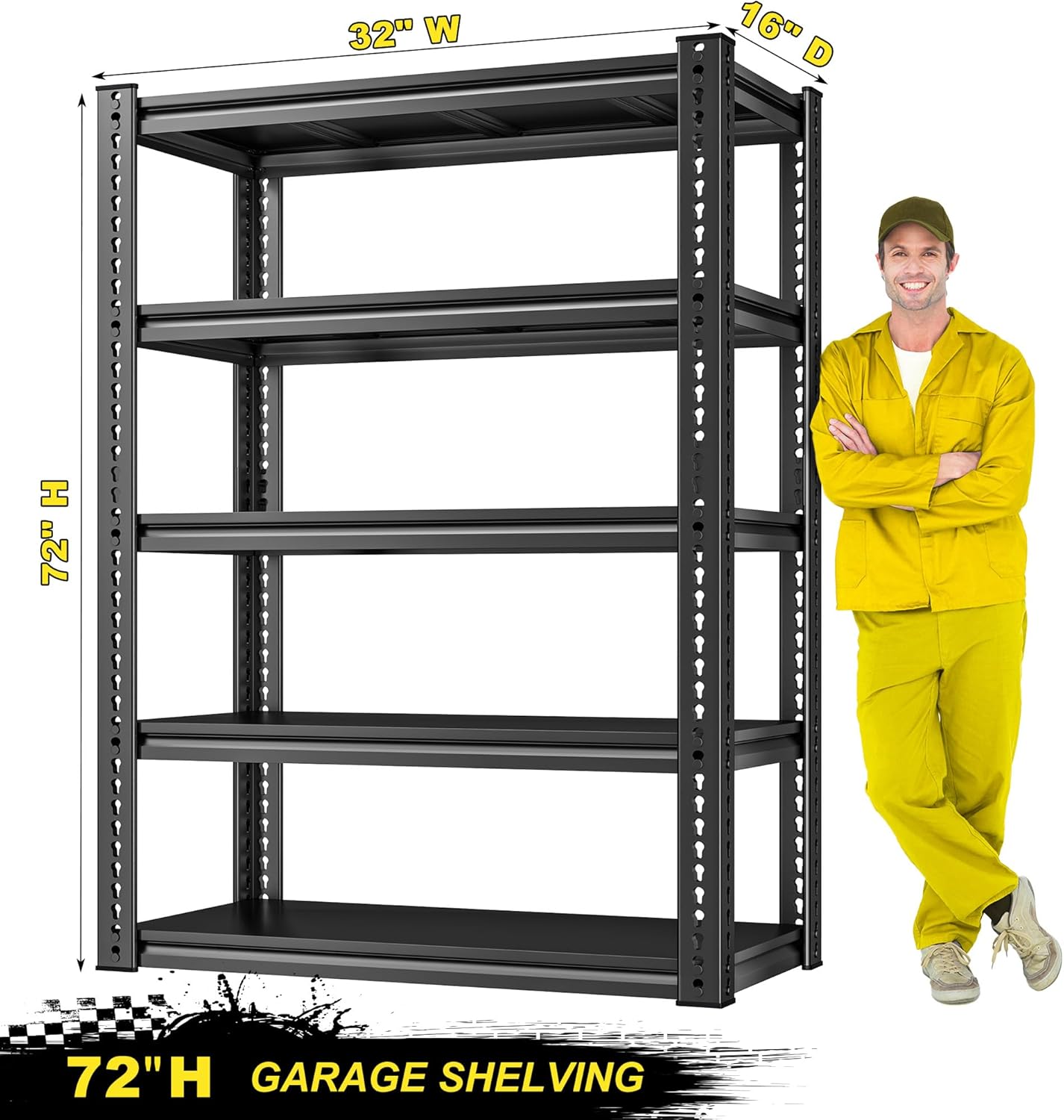 REIBII Garage Shelving Load 2000 LBS, Adjustable 5-Tier Storage Shelves, Metal Shelving Units and Storage Rack Shelf for Garage, Basement, Kitchen, 32" W x 17" D x 72" H, Black, 2PC