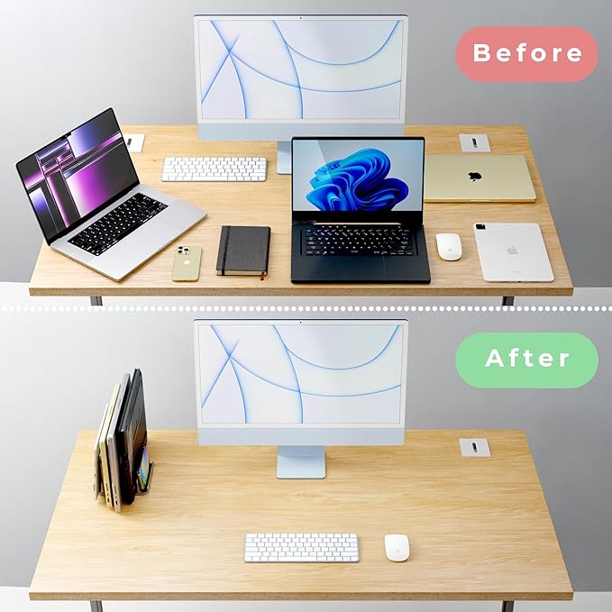 TEFONIA Vertical Laptop Stand Holder 5 Slots, Aluminum Space-Saving Laptop Holder, Adjustable Size Dock Tabletop Desk Organizer 3 Slot + 2 for Apple MacBook/Surface/PC/Tablet/iPad/iPhone (Space Gray)