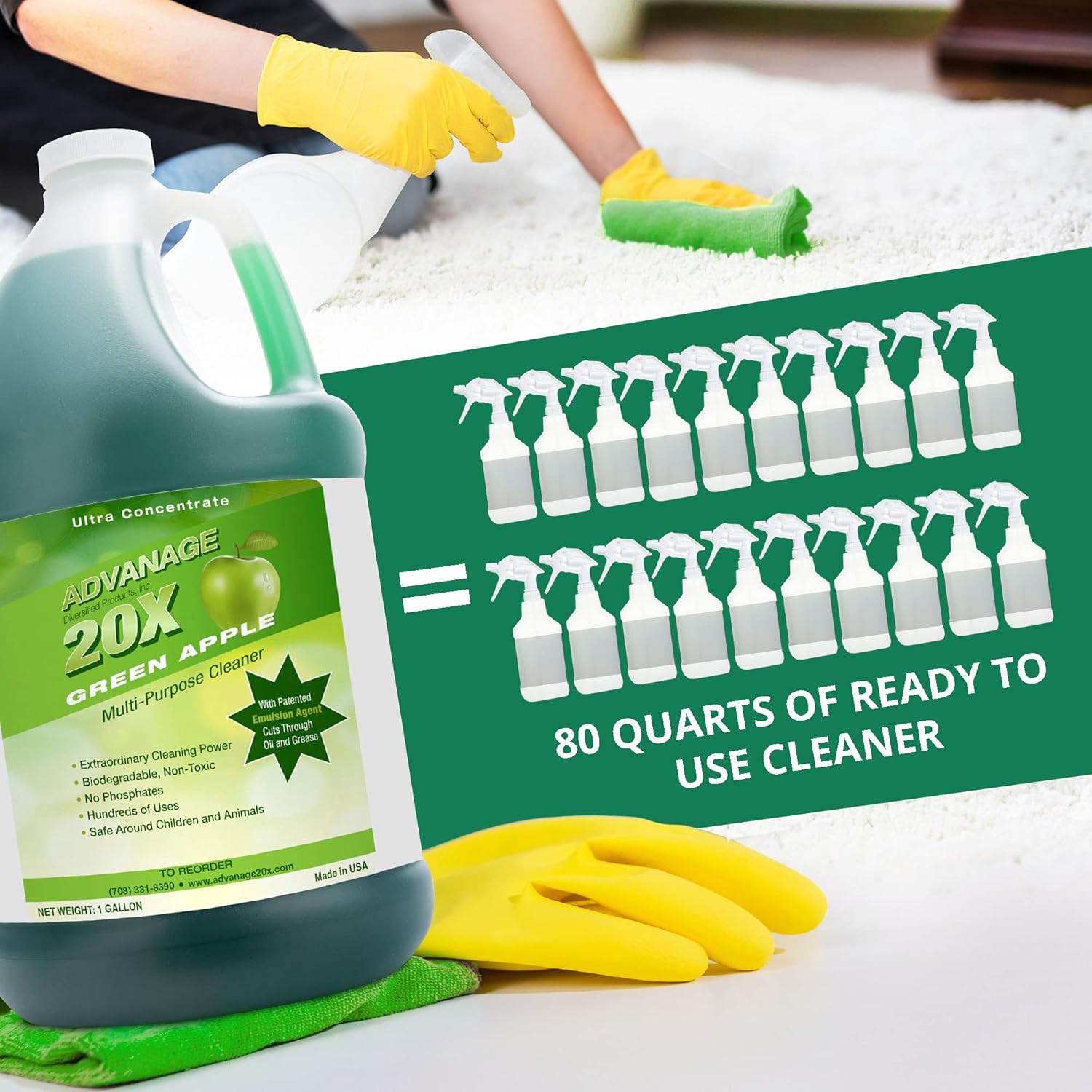 All Purpose Cleaner Concentrate - Advanage 20X The Wonder Cleaner Green Apple for All Surfaces Around Bathroom, Kitchen, Oil and Grease, Multi Purpose Cleaner for Household Cleaning Solution, 128 FlOz