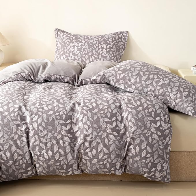 OAITE Grey Fallen Leaves Twin Size Duvet Cover-3 Pieces Prewashed Cotton-Like - Image 3