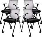 BLANEDUO Conference Room Chairs, Folding Office Desk Chair with Lumbar Support and Sliding Armrest with Casters, Stackable Office Guest Chairs & Reception Chairs(4 Pack)