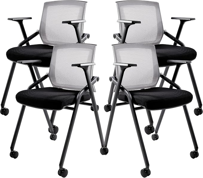 BLANEDUO Conference Room Chairs, Folding Office Desk Chair with Lumbar Support and Sliding Armrest with Casters, Stackable Office Guest Chairs & Reception Chairs(4 Pack)
