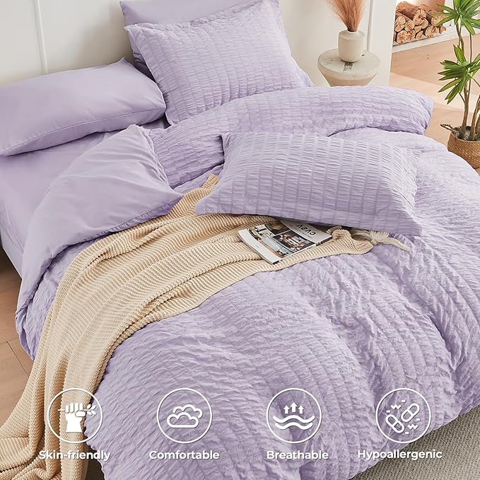 HYMOKEGE Lavender Duvet Cover Full Size, Ultra Soft 3-Piece Seersucker Duvet - Image 3