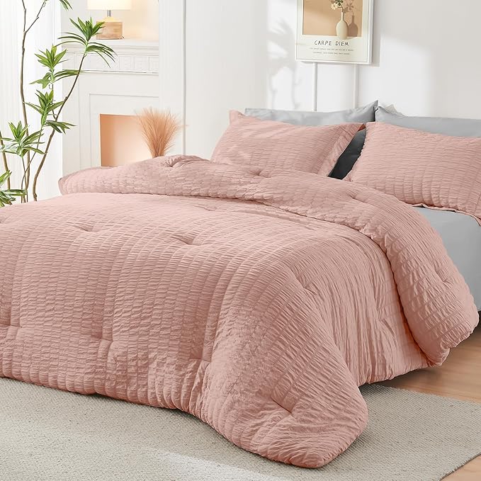 HYMOKEGE Rose Gold/Light Grey Queen Comforter Set Seersucker 7 Pieces, All - Image 8