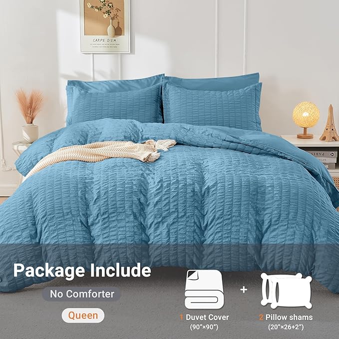HYMOKEGE Mineral Blue Duvet Cover Full Size, Ultra Soft 3-Piece Seersucker - Image 5
