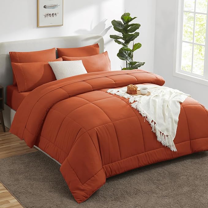CozyLux King Size Comforter Set Terracotta, 7 Pieces Bed in a Bag, Burnt Orange - Image 8