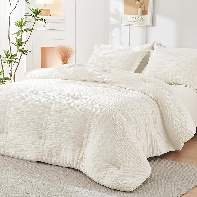 HYMOKEGE Ivory Oversized King Comforter Set Seersucker 7 Pieces, All Season - Image 7