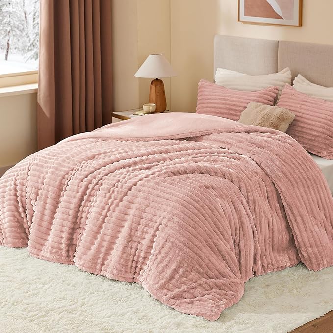 BEDELITE Fleece Queen Comforter Set -Super Soft & Warm Fluffy Dusty Pink Bedding - Image 2