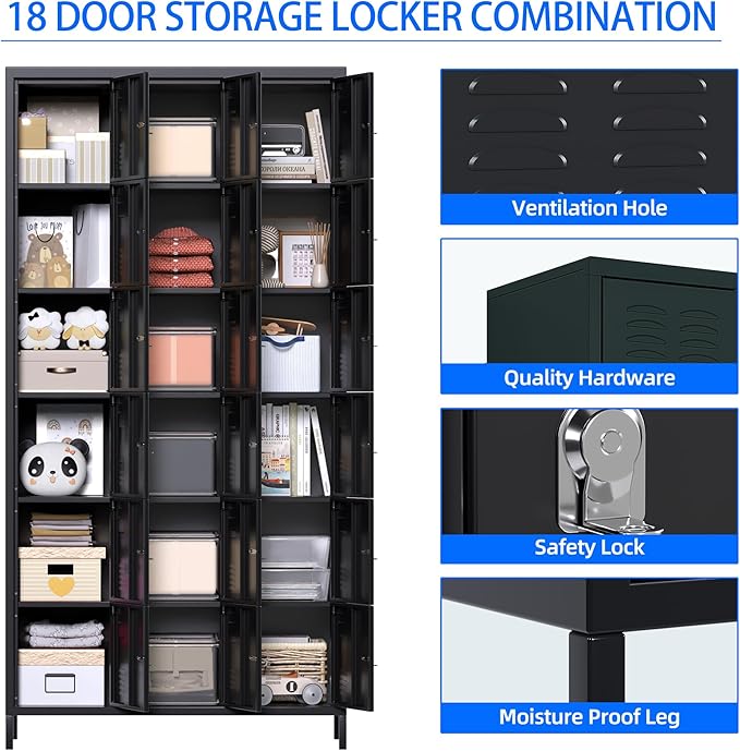 SUPEER Metal Lockers for Employees with 18 Doors, Metal Locker with Lock for School Garage Office Gym Home,Assembly Required,Black