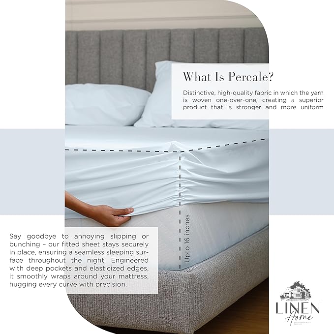 Linen Home 100% Cotton Percale Sheets King Size, Deep Pocket, 4 Pieces Set - Image 4
