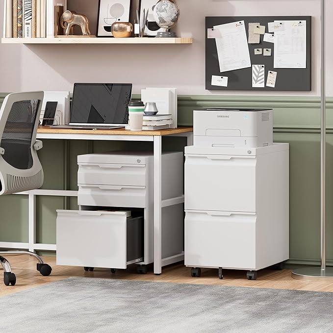 LONGLINK 3 Drawer Mobile File Cabinet with Lock,Under Desk Metal Filing Cabinets with Wheels for Home Office Organizer Letters/Legal/A4(Easy Assemble-White)