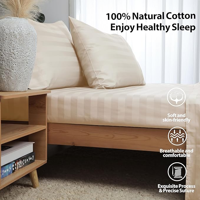 Queen Size Striped Fitted Sheet Only Beige Color, 100% Egyptian Cotton 600 - Image 3