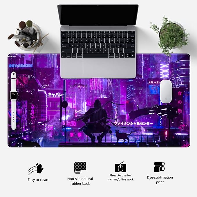 Anime Neon Mouse Pad Purple City Gaming Desk Big Cute Kawaii Pink Extended Mouse Pad Gaming,Office Keyboard Pc Laptop Mousepad Large 31.5x15.7 in-with Stitched Eges Non-Slip Base Mouse Pads Mat