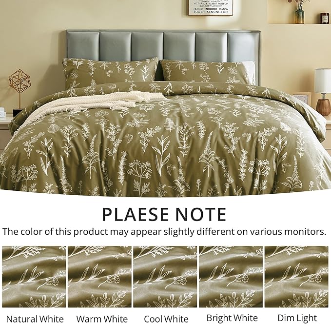 MUXHOMO Duvet Cover King Size, Reversible Floral Olive Green Duvet Cover Set - Image 6