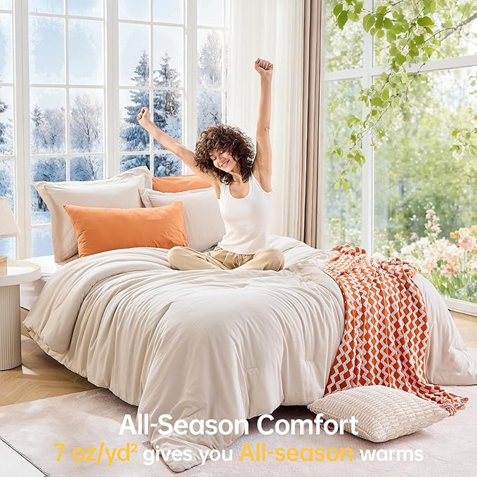 MUXHOMO Queen Size Comforter Set Beige, 3 Piece Solid Bedding - Image 4