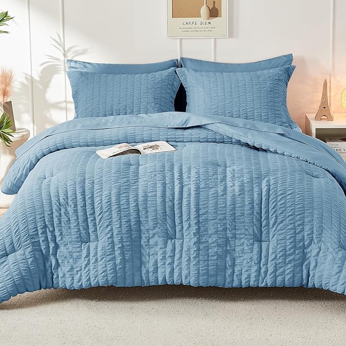 HYMOKEGE Mineral Blue Full Size Comforter Sets Seersucker 7 Pieces, All Season - Image 9