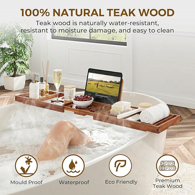 Venusmiles Teak Bathtub Tray Caddy, Foldable Bath Tray - Image 4