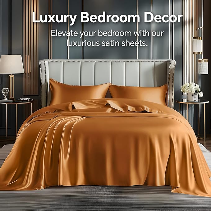 BEDELITE Satin Sheets Full Size Bed Set, Luxury Soft Burnt Orange Silky Sheets - Image 2