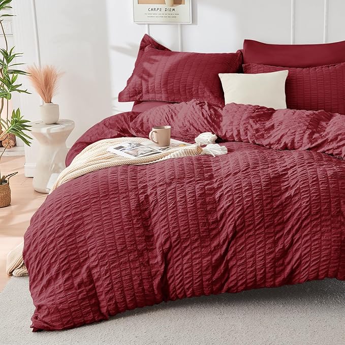 HYMOKEGE Burgundy California King Comforter Set Seersucker 7 Pieces, All Season - Image 2