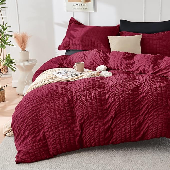 HYMOKEGE Dark Red/Black Duvet Cover King Size, Ultra Soft 3-Piece Seersucker by HYMOKEGE