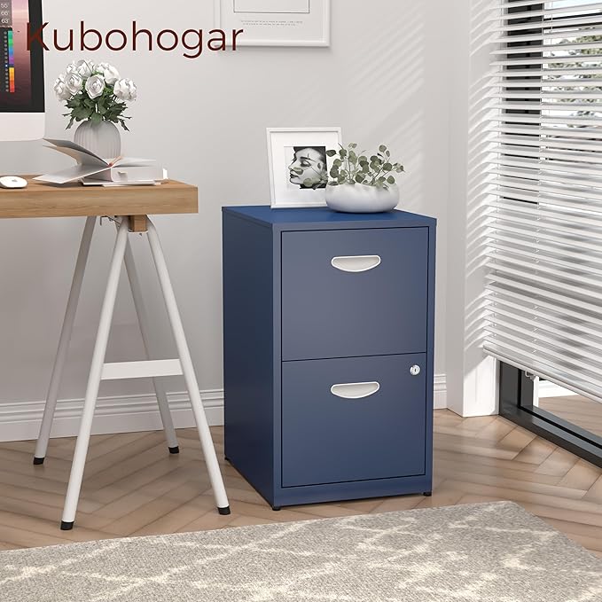 Kubohogar 2 Drawer File Cabinet with Lock,Blue Metal Filing Cabinets,Vertical Locking File Cabinet Fit Hanging Files, Letter,File Box and A4 Documents
